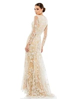 Mac Duggal Women's Embroidered V Neck Long Sleeve Trumpet Gown
