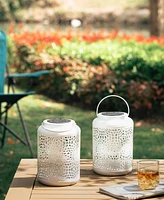 Glitzhome 8.75" H Metal Cutout Solar Powered Outdoor Hanging Lantern with Edison Bulb