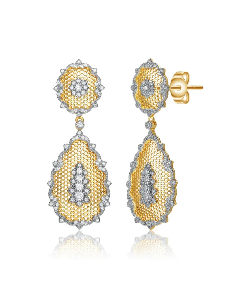 Rachel Glauber 14K Gold Plated 2 Settings Cubic Zirconia Drop Earrings