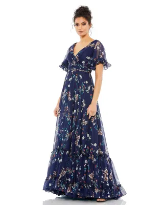 Mac Duggal Women's Ieena Flounce Sleeve Floral Maxi Dress