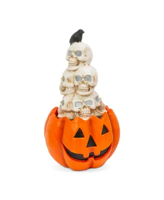 23" H Electric Lighted Magnesium Smoking Pumpkin with Skulls Stacked on Top