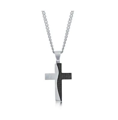Men's Stainless Steel Silver & Carbon Fiber Cross Necklace