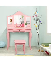 Costway Vanity Table Set Makeup Dressing Kids Stool Mirror