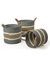 Baum 3 Piece Round Sea Grass and Raffia Basket Set with Ear Handles