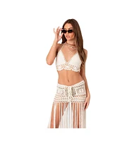 Women's Cropped Crochet Halter Triangle Bra TopWith Neck & Under Bust Ties