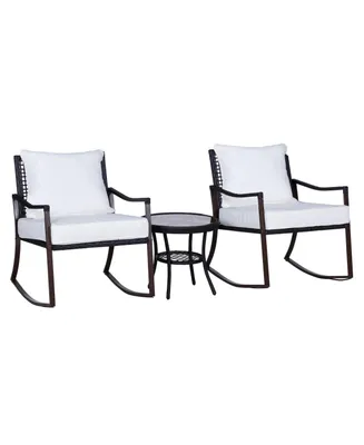Outsunny 3 Piece Patio Rocking Chair Set, 2 Pe Wicker Rocking Chairs, Cushioned with Throw Pillows, 1 Two