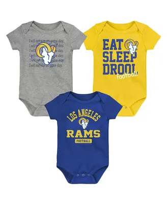 Newborn and Infant Boys Girls Royal, Gold, Heathered Gray Los Angeles Rams Three-Piece Eat Sleep Drool Bodysuit Set