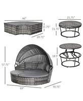 Outsunny 4pc Rattan Patio Furniture Set, Round Convertible Daybed or Sunbed, Adjustable Sun Canopy, Sectional Outdoor Sofa, 2 Chairs