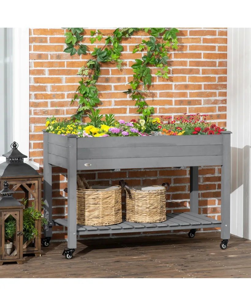 Outsunny 46.5" x 21.75" Raised Garden Bed, Elevated Wooden Planter Box w/ Lockable Wheels, Storage Shelf, and Bed Liner for Backyard, Patio, Dark Gray