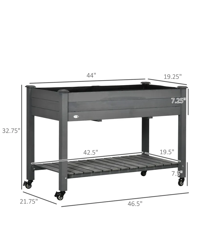 Outsunny 46.5" x 21.75" Raised Garden Bed, Elevated Wooden Planter Box w/ Lockable Wheels, Storage Shelf, and Bed Liner for Backyard, Patio, Dark Gray