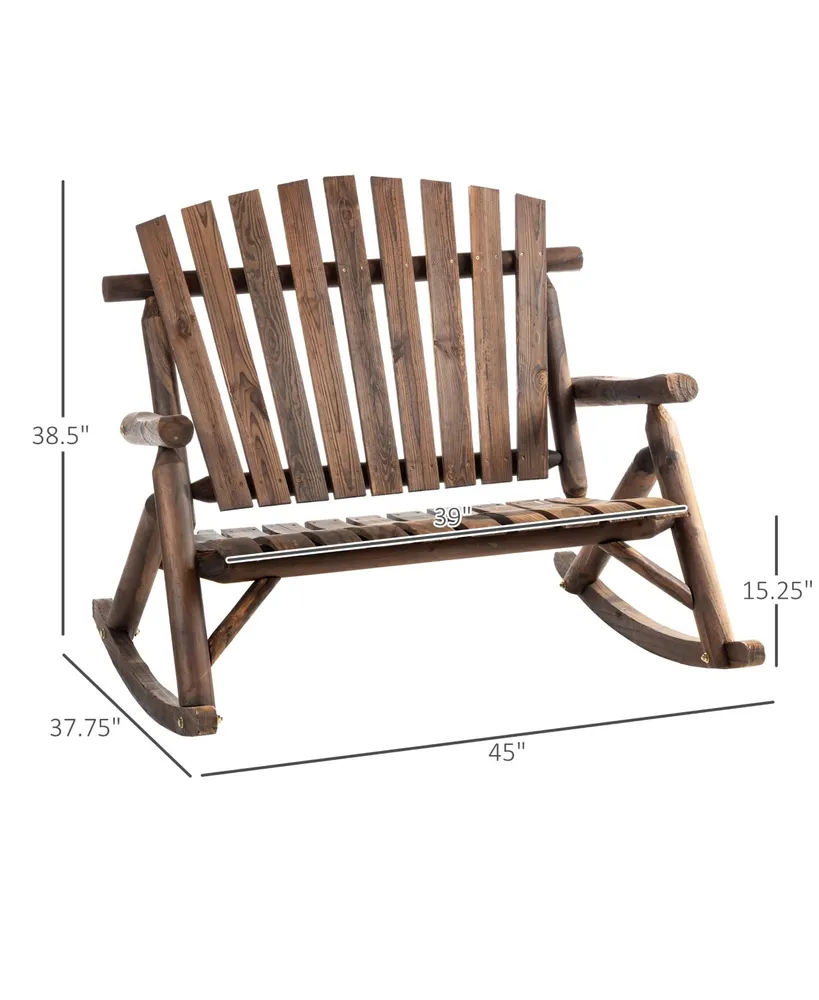 Outsunny Porch Rocking Chair Loveseat, Rustic Log Adirondack 2-Seat Outdoor Rocker, Wooden & Slatted for Indoor, Outdoor & Patio, Carbonized