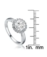 Genevive Sterling Silver with Rhodium Plated Halo Round Clear Cubic Zirconia Solitaire Ring