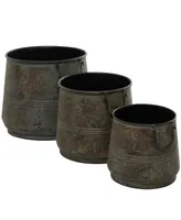 Brass Metal Indoor Outdoor Distressed Bucket Style Planter with Side Ring Handles Set of 3