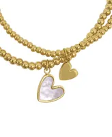 Adornia 14K Gold Plated Stretch Heart Ball Bracelets with Imitation Mother of Pearl, 2 Pieces