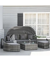 Outsunny 4-Piece Outdoor Rattan Furniture Set, Round Convertible Patio Daybed or Sunbed, Sectional Sofa with Canopy, Pillows, Cushions, Footrest, Tabl
