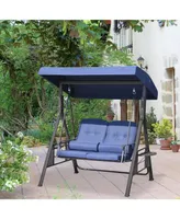 Outsunny 2-Person Patio Swing Bench with Adjustable Shade Canopy, Soft Cushions, Throw Pillows & Tray, Dark Blue