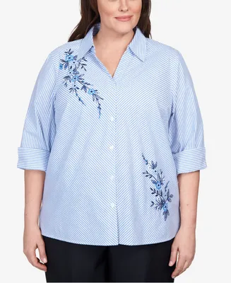 Alfred Dunner Plus Size Classics Embroidered Mitered Stripe Button Down Top