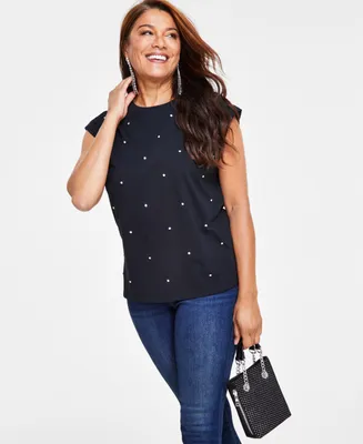 I.n.c. International Concepts Women's Embellished Rolled-Sleeve Top, Created for Macy's