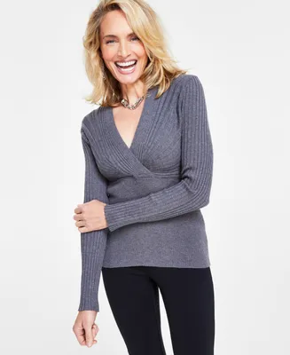 I.n.c. International Concepts Women's Ribbed Surplice Pullover Sweater