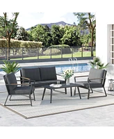 Outsunny 4 Piece Patio Furniture Set, Aluminum Conversation Set, Outdoor Garden Sofa Set with Armchairs, Loveseat, Center Coffee Table and Cushions, D
