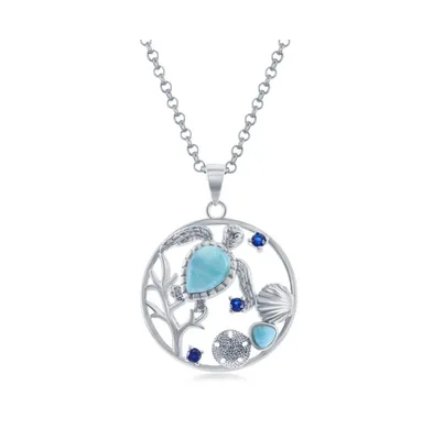 Sterling Silver Turtle, Seashell, Sand Dollar Larimar & Cz Round Necklace