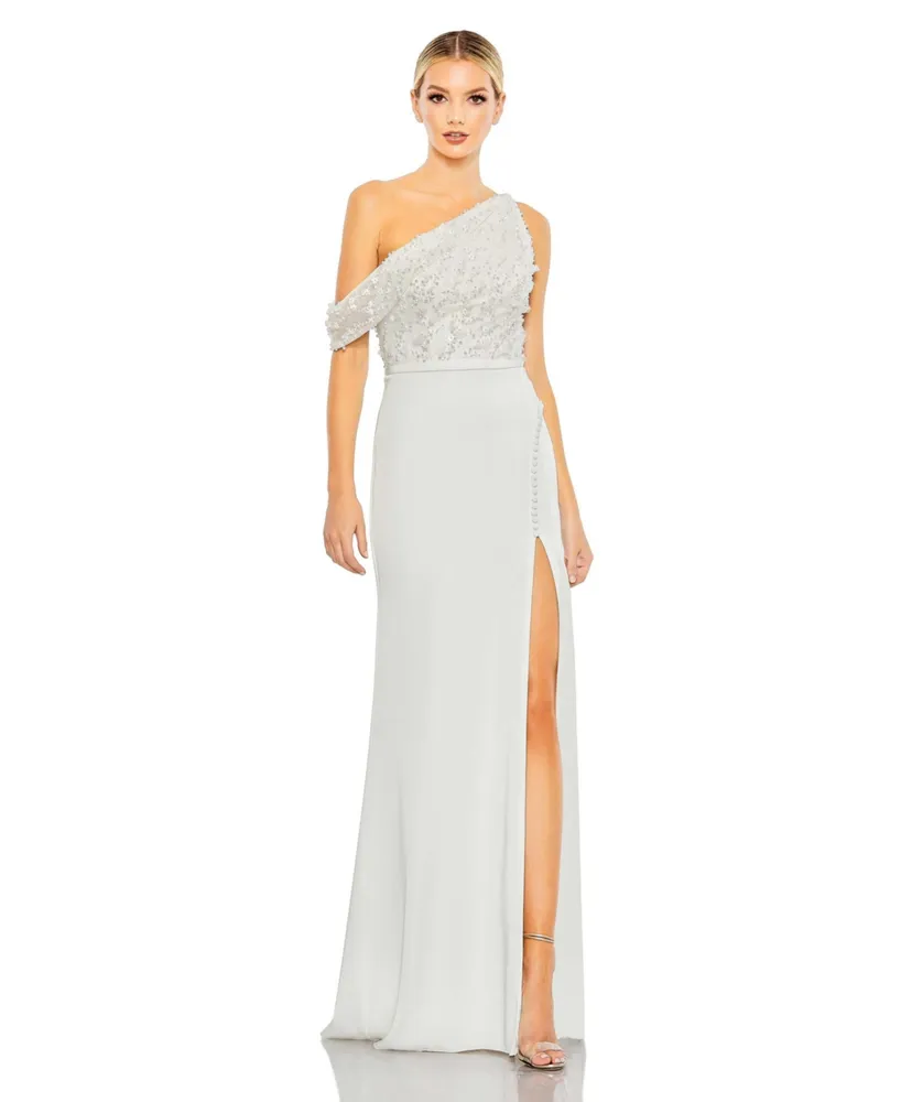 Embellished Feather Strapless Column Dress