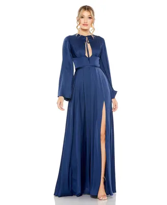 Women's Charmeuse Soft Tie Keyhole Bell Sleeve Gown