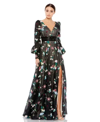Women's Embroidered Bishop Sleeve V Neck Flowy Gown