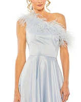 Mac Duggal Women's One Shoulder A Line Gown With Feather Detail