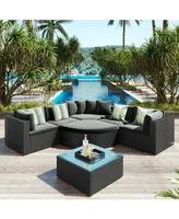Simplie Fun 7-Piece Outdoor Wicker Sofa Set, Rattan Sofa Lounger, With Striped Pillows