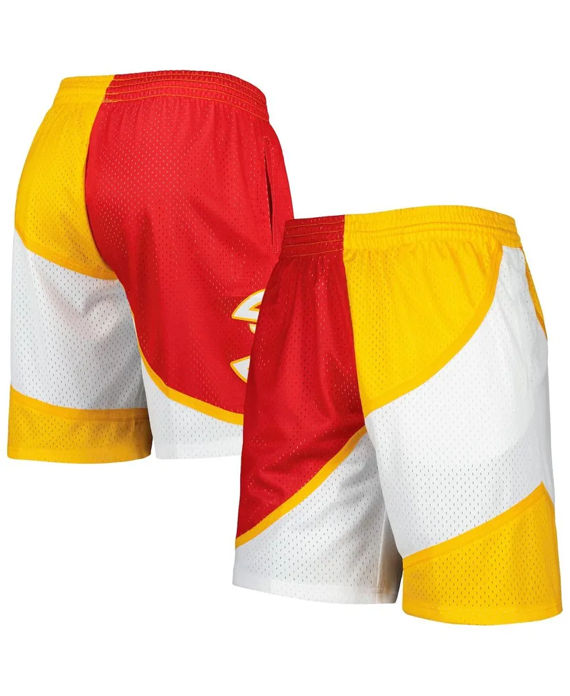 Men's Mitchell & Ness Red, Yellow Atlanta Hawks Hardwood Classics 1986 Split Swingman Shorts