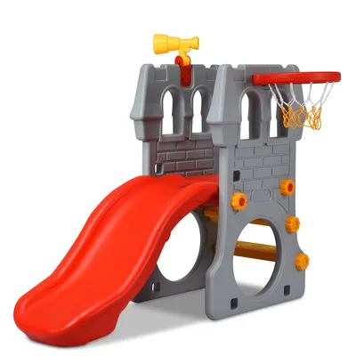 Children Castle Slide Play Slide with Basketball Hoop and Telescope Toy