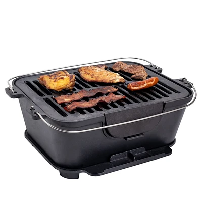 Bruntmor Heavy Duty Pre-Seasoned Cast Iron Portable Grill, 14"x12" Grilling Surface, Outdoor Hibachi