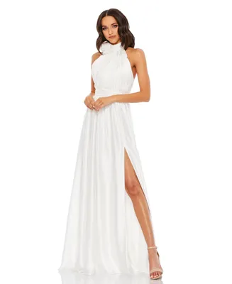 Mac Duggal Women's Soft Tie Halter Neck High Slit Gown