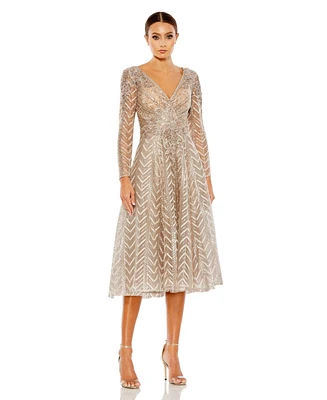 Women's Embellished Long Sleeve Wrap Over Dress