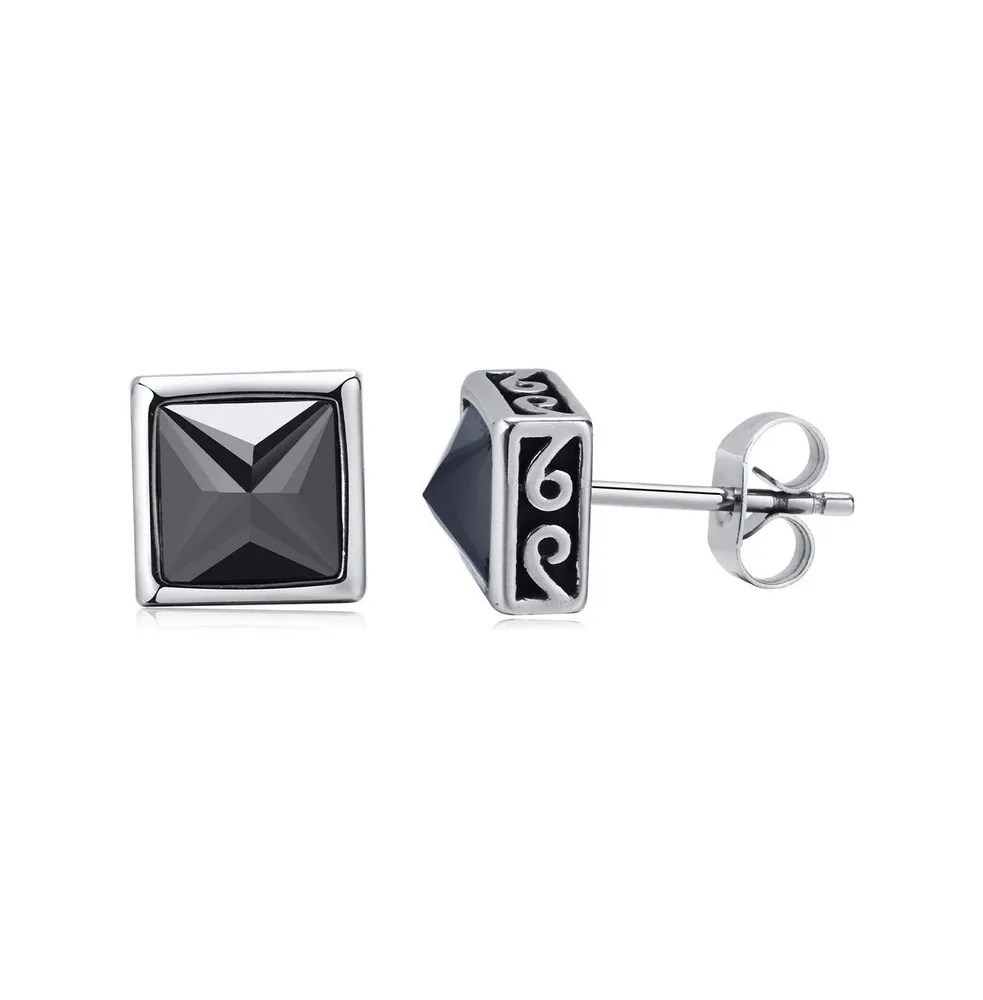 Stainless Steel Black Cz Greek Border Design Square Stud Earrings