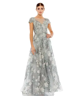 Mac Duggal Women's Floral Embroidered Short Sleeve Gown