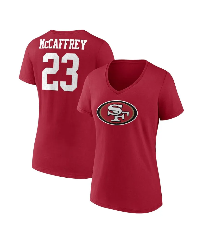 Women's Fanatics Christian McCaffrey Scarlet San Francisco 49ers Player Icon Name and Number V-Neck T-shirt