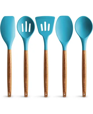 Zulay Kitchen 5 Piece Silicone Utensils Set with Authentic Acacia Wood Handles