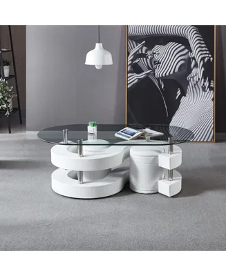 Simplie Fun 3 Pieces Coffee Table Set, Oval 10mm/0.39 Thick Tempered Glass Table And 2 Leather Stools