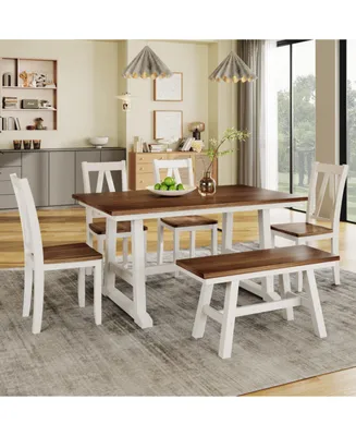 Simplie Fun 6-Piece Wood Dining Table Set Kitchen Table Set With Long Bench And 4 Dining Chairs, Farmhouse