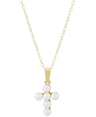 Cultured Freshwater Pearl (3mm) Cross 15" Pendant Necklace in 14k Gold