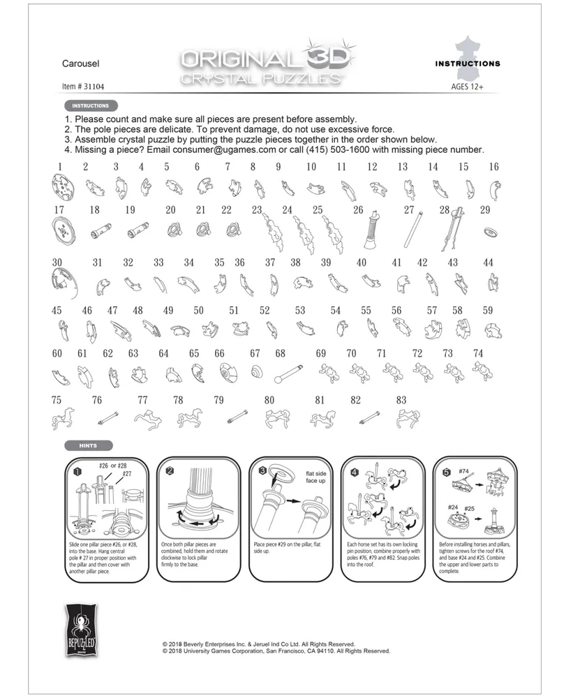Bepuzzled 3D Crystal Puzzle Carousel, 83 Pieces