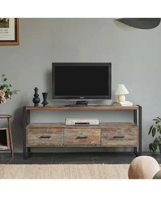 Simplie Fun 60 Inch Reclaimed Wood Media Tv Console Table With 3 Drawer, Open Shelf