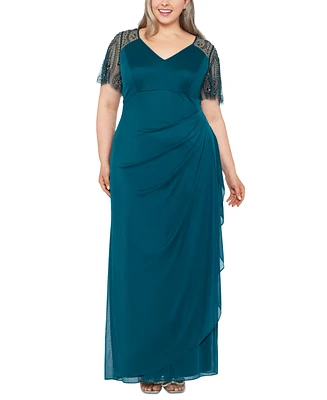 Xscape Plus Embellished Sheer Matte Jersey Gown