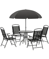 Outsunny 6 Piece Patio Dining Set for 4 with Umbrella, 4 Folding Dining Chairs & Round Glass Table for Garden, Backyard and Poolside, Black