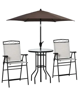 Outsunny 4 Piece Outdoor Patio Dining Furniture Set, 2 Folding Chairs, Adjustable Angle Umbrella, Wave Textured Tempered Glass Dinner Table