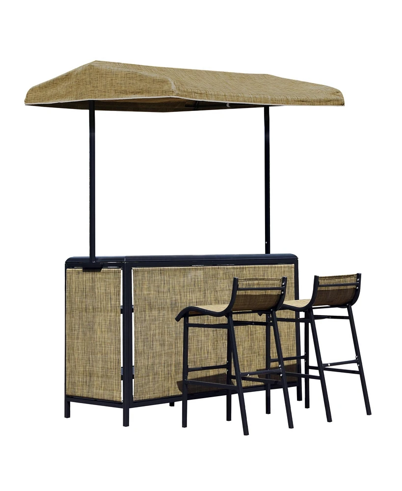 Outsunny 3 Piece Outdoor Bar Set for 2 with Canopy, Rectangular Table with Storage Shelves & Two Bar Chairs, Breathable Mesh