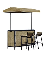 Outsunny 3 Piece Outdoor Bar Set for 2 with Canopy, Rectangular Table with Storage Shelves & Two Bar Chairs, Breathable Mesh