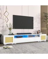 Simplie Fun Rattan Style Entertainment Center With Push To Open Doors, 3-Pics Extended Tv Console